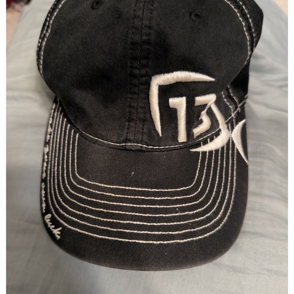 13 Fishing Hat. Black and embroided White. Mesh back Snapback Men's baseball cap